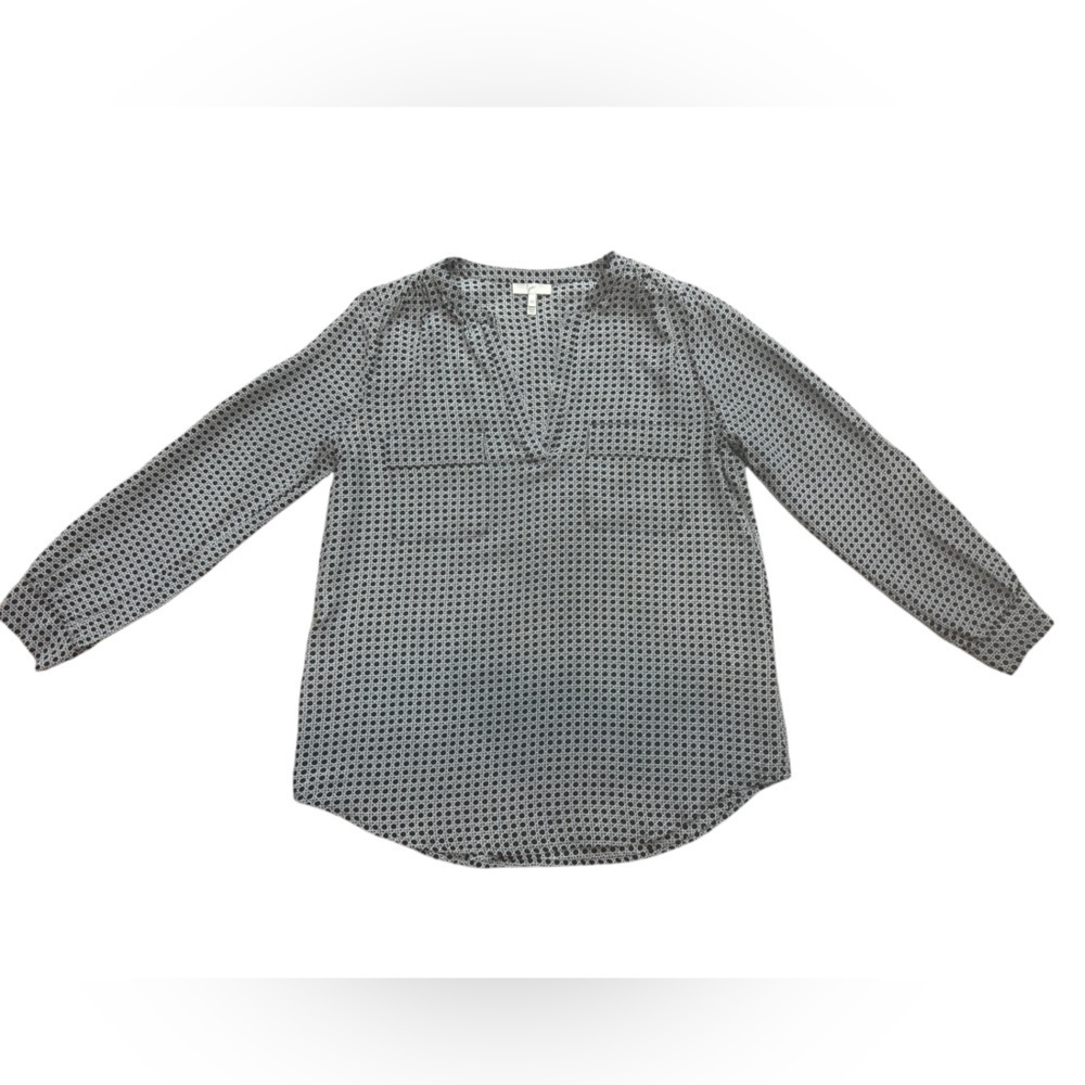 JOIE Black/White Long Sleeve V-Neck Printed Blouse Front Pockets 100% Silk XS